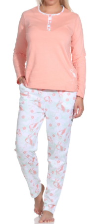 12320190414-730 | Normann Damen Schlafanzug Langarm Pyjama mit Flamingo Motiv und Knopfleiste