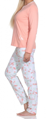 12320190414-730 | Normann Damen Schlafanzug Langarm Pyjama mit Flamingo Motiv und Knopfleiste