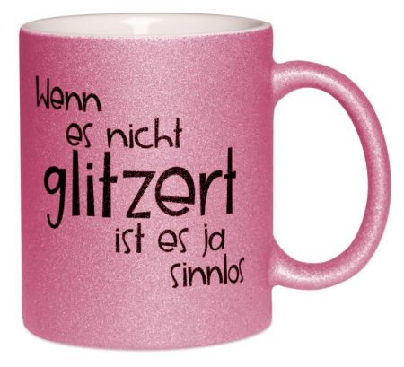 Glitzertasse silber mit Glitzerpartikeln