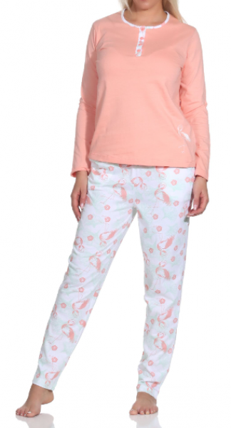 12320190414-730 | Normann Damen Schlafanzug Langarm Pyjama mit Flamingo Motiv und Knopfleiste