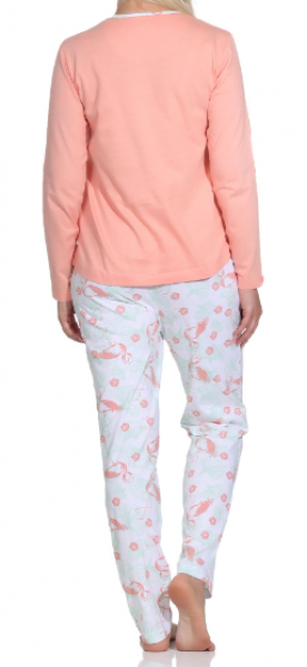 12320190414-730 | Normann Damen Schlafanzug Langarm Pyjama mit Flamingo Motiv und Knopfleiste