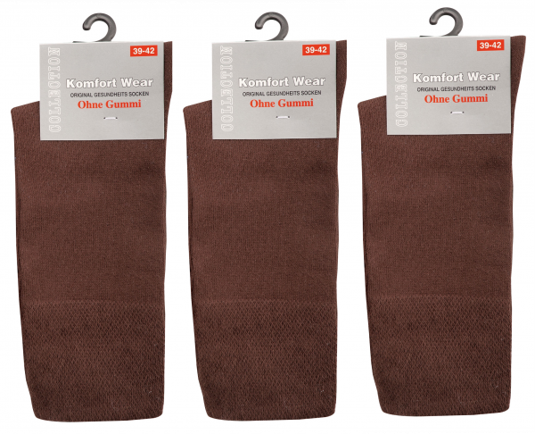 Komfort Gesundheits Diabetiker Socken dunkelbraun ohne Gummidruck 3 Paar Sparpack
